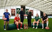 1 August 2024; Vodafone consumer director of Ireland Chris Stagg, centre left, and IRFU senior vice president Declan Madden, centre right, with players, from left, Enya Breen of Munster, Katie Whelan of Leinster, Méabh Deely of Connacht and Fiona Tuite of Ulster during the Vodafone Women's Interprovincial launch at the IRFU High Performance Centre on the Sport Ireland Campus in Dublin. Photo by Shauna Clinton/Sportsfile