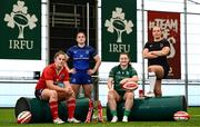1 August 2024; Attendees, from left, Enya Breen of Munster, Katie Whelan of Leinster, Méabh Deely of Connacht and Fiona Tuite of Ulster during the Vodafone Women's Interprovincial launch at the IRFU High Performance Centre on the Sport Ireland Campus in Dublin. Photo by Shauna Clinton/Sportsfile