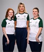 1 August 2024; Team Ireland complete as athletes for Para Equestrian, Para Triathlon and Para Rowing are unveiled at the RDS in Dublin. Paralympics Ireland athletes will compete at Paris 2024 this summer from August 28 - September 8 #TheNextLevel | #Paris2024 | #TeamIreland. Pictured is equestrians, from left, Jessica McKenna, Sarah Slattery and Kate Kerr Horan. Photo by Harry Murphy/Sportsfile