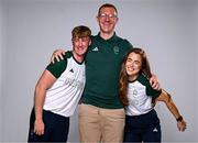 1 August 2024; Team Ireland complete as athletes for Para Equestrian, Para Triathlon and Para Rowing are unveiled at the RDS in Dublin. Paralympics Ireland athletes will compete at Paris 2024 this summer from August 28 - September 8 #TheNextLevel | #Paris2024 | #TeamIreland. Pictured is David Breen, Para Rowing coach, centre, with rowers Tiarnán O'Donnell, left, and Katie Whelan. Photo by Harry Murphy/Sportsfile