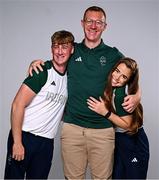 1 August 2024; Team Ireland complete as athletes for Para Equestrian, Para Triathlon and Para Rowing are unveiled at the RDS in Dublin. Paralympics Ireland athletes will compete at Paris 2024 this summer from August 28 - September 8 #TheNextLevel | #Paris2024 | #TeamIreland. Pictured is David Breen, Para Rowing coach, centre, with rowers Tiarnán O'Donnell, left, and Katie Whelan. Photo by Harry Murphy/Sportsfile