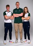 1 August 2024; Team Ireland complete as athletes for Para Equestrian, Para Triathlon and Para Rowing are unveiled at the RDS in Dublin. Paralympics Ireland athletes will compete at Paris 2024 this summer from August 28 - September 8 #TheNextLevel | #Paris2024 | #TeamIreland. Pictured is David Breen, Para Rowing coach, centre, with rowers Tiarnán O'Donnell, left, and Katie Whelan. Photo by Harry Murphy/Sportsfile