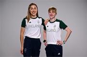 1 August 2024; Team Ireland complete as athletes for Para Equestrian, Para Triathlon and Para Rowing are unveiled at the RDS in Dublin. Paralympics Ireland athletes will compete at Paris 2024 this summer from August 28 - September 8 #TheNextLevel | #Paris2024 | #TeamIreland. Pictured is para-triathlete Chloe MacCombe, right, and her guide Catherine Sands. Photo by Harry Murphy/Sportsfile