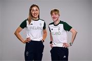 1 August 2024; Team Ireland complete as athletes for Para Equestrian, Para Triathlon and Para Rowing are unveiled at the RDS in Dublin. Paralympics Ireland athletes will compete at Paris 2024 this summer from August 28 - September 8 #TheNextLevel | #Paris2024 | #TeamIreland. Pictured is para-triathlete Chloe MacCombe, right, and her guide Catherine Sands. Photo by Harry Murphy/Sportsfile