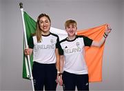 1 August 2024; Team Ireland complete as athletes for Para Equestrian, Para Triathlon and Para Rowing are unveiled at the RDS in Dublin. Paralympics Ireland athletes will compete at Paris 2024 this summer from August 28 - September 8 #TheNextLevel | #Paris2024 | #TeamIreland. Pictured is para-triathlete Chloe MacCombe, right, and her guide Catherine Sands. Photo by Harry Murphy/Sportsfile