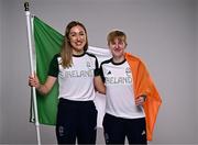 1 August 2024; Team Ireland complete as athletes for Para Equestrian, Para Triathlon and Para Rowing are unveiled at the RDS in Dublin. Paralympics Ireland athletes will compete at Paris 2024 this summer from August 28 - September 8 #TheNextLevel | #Paris2024 | #TeamIreland. Pictured is para-triathlete Chloe MacCombe, right, and her guide Catherine Sands. Photo by Harry Murphy/Sportsfile