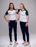 1 August 2024; Team Ireland complete as athletes for Para Equestrian, Para Triathlon and Para Rowing are unveiled at the RDS in Dublin. Paralympics Ireland athletes will compete at Paris 2024 this summer from August 28 - September 8 #TheNextLevel | #Paris2024 | #TeamIreland. Pictured is para-triathlete Judith MacCombe, right, and her guide Eimear Nicholls. Photo by Harry Murphy/Sportsfile