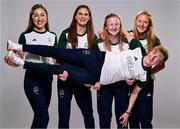 1 August 2024; Team Ireland complete as athletes for Para Equestrian, Para Triathlon and Para Rowing are unveiled at the RDS in Dublin. Paralympics Ireland athletes will compete at Paris 2024 this summer from August 28 - September 8 #TheNextLevel | #Paris2024 | #TeamIreland. Pictured is para-triathletes and guides, from left, Eimear Nicholls, Catherine Sands, Judith MacCombe, and Cassie Cava as they hold Chloe MacCombe. Photo by Harry Murphy/Sportsfile