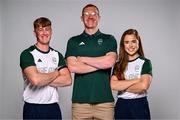 1 August 2024; Team Ireland complete as athletes for Para Equestrian, Para Triathlon and Para Rowing are unveiled at the RDS in Dublin. Paralympics Ireland athletes will compete at Paris 2024 this summer from August 28 - September 8 #TheNextLevel | #Paris2024 | #TeamIreland. Pictured is David Breen, Para Rowing coach, centre, with rowers Tiarnán O'Donnell, left, and Katie Whelan. Photo by Harry Murphy/Sportsfile