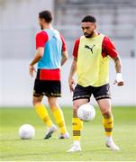 1 August 2024; Jake Mulraney of St Patrick's Athletic warms up before the UEFA Conference League second qualifying round second leg match between FC Vaduz and St Patrick's Athletic at Rheinpark Stadion in Vaduz, Liechtenstein. Photo by Vedran Galijas/Sportsfile