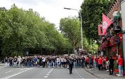 1 August 2024; FC Zurich supporters make their way to the grounds before the UEFA Conference League second qualifying round second leg match between Shelbourne and FC Zurich at Tolka Park in Dublin. Photo by Thomas Flinkow/Sportsfile