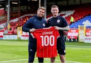 1 August 2024; Kameron Ledwidge of Shelbourne celebrates his 100th appearance with manager Damien Duff before the UEFA Conference League second qualifying round second leg match between Shelbourne and FC Zurich at Tolka Park in Dublin. Photo by Thomas Flinkow/Sportsfile