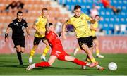 1 August 2024; Mason Melia of St Patrick's Athletic is tackled by Lorik Emini of FC Vaduz during the UEFA Conference League second qualifying round second leg match between FC Vaduz and St Patrick's Athletic at Rheinpark Stadion in Vaduz, Liechtenstein. Photo by Vedran Galijas/Sportsfile