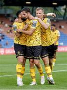 1 August 2024; Zachary Elbouzedi of St Patrick's Athletic, centre, celebrates with team-mates Jake Mulraney, left, and Jamie Lennon after scoring his side's first goal during the UEFA Conference League second qualifying round second leg match between FC Vaduz and St Patrick's Athletic at Rheinpark Stadion in Vaduz, Liechtenstein. Photo by Vedran Galijas/Sportsfile