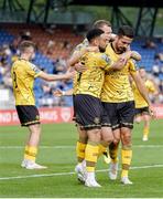 1 August 2024; Zachary Elbouzedi of St Patrick's Athletic, right, celebrates with team-mates Jamie Lennon, centre, and Jake Mulraney, left, after scoring his side's first goal during the UEFA Conference League second qualifying round second leg match between FC Vaduz and St Patrick's Athletic at Rheinpark Stadion in Vaduz, Liechtenstein. Photo by Vedran Galijas/Sportsfile