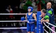 1 August 2024; Daina Moorehouse of Team Ireland, with Team Ireland head coach Zaur Antia and coach Damian Kennedy before her women's 50kg round of 16 bout with Wassila Lkhadiri of Team France at the North Paris Arena during the 2024 Paris Summer Olympic Games in Paris, France. Photo by David Fitzgerald/Sportsfile