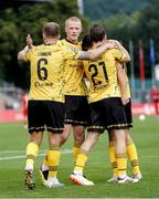1 August 2024; Zachary Elbouzedi of St Patrick's Athletic, obscured, is congratulated by team-mates, Jamie Lennon, 6, Tom Grivosti, centre, and Carl Axel Sjoberg after scoring his side's first goal during the UEFA Conference League second qualifying round second leg match between FC Vaduz and St Patrick's Athletic at Rheinpark Stadion in Vaduz, Liechtenstein. Photo by Vedran Galijas/Sportsfile