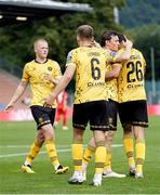 1 August 2024; Zachary Elbouzedi of St Patrick's Athletic, 26, is congratulated by team-mates, Tom Grivosti, left, Jamie Lennon, 6, and Carl Axel Sjoberg after scoring his side's first goal during the UEFA Conference League second qualifying round second leg match between FC Vaduz and St Patrick's Athletic at Rheinpark Stadion in Vaduz, Liechtenstein. Photo by Vedran Galijas/Sportsfile