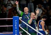 1 August 2024; Team Ireland head coach Zaur Antia, right, and coach Damian Kennedy react to the result of Daina Moorehouse of Team Ireland and Wassila Lkhadiri of Team France in their women's 50Kg round of 16 bout at the North Paris Arena during the 2024 Paris Summer Olympic Games in Paris, France. Photo by David Fitzgerald/Sportsfile