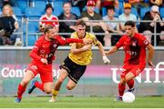 1 August 2024; Mason Melia of St Patrick's Athletic in action against Liridon Berisha, left, and Fabrizio Cavegn of FC Vaduz during the UEFA Conference League second qualifying round second leg match between FC Vaduz and St Patrick's Athletic at Rheinpark Stadion in Vaduz, Liechtenstein. Photo by Vedran Galijas/Sportsfile
