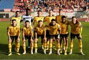 1 August 2024; St Patrick's Athletic players, back row, from left, Zachary Elbouzedi, Joseph Anang, Joe Redmond, Tom Grivosti and Mason Melia, with, front row, from left, Anto Breslin, Carl Axel Sjoberg, Jamie Lennon, Jake Mulraney, Romal Palmer and Chris Forrestor before the UEFA Conference League second qualifying round second leg match between FC Vaduz and St Patrick's Athletic at Rheinpark Stadion in Vaduz, Liechtenstein. Photo by Vedran Galijas/Sportsfile