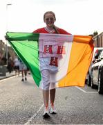 1 August 2024; Shelbourne supporter Ruby McDermott, aged 11, before the UEFA Conference League second qualifying round second leg match between Shelbourne and FC Zurich at Tolka Park in Dublin. Photo by Thomas Flinkow/Sportsfile