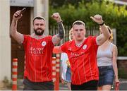1 August 2024; Shelbourne supporters make their way to the grounds before the UEFA Conference League second qualifying round second leg match between Shelbourne and FC Zurich at Tolka Park in Dublin. Photo by Thomas Flinkow/Sportsfile