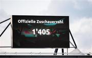 1 August 2024; The big screen displays the figure of 1,405 attendance as the UEFA Conference League second qualifying round second leg match between FC Vaduz and St Patrick's Athletic at Rheinpark Stadion in Vaduz, Liechtenstein. Photo by Vedran Galijas/Sportsfile