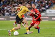 1 August 2024; Mason Melia of St Patrick's Athletic in action against Liridon Berisha of FC Vaduz during the UEFA Conference League second qualifying round second leg match between FC Vaduz and St Patrick's Athletic at Rheinpark Stadion in Vaduz, Liechtenstein. Photo by Vedran Galijas/Sportsfile