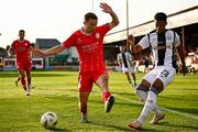 1 August 2024; Mounir Chouiar of Zurich in action against Tyreke Wilson of Shelbourne during the UEFA Conference League second qualifying round second leg match between Shelbourne and FC Zurich at Tolka Park in Dublin. Photo by Harry Murphy/Sportsfile