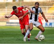 1 August 2024; Nikola Katic of FC Zurich in action against John Martin of Shelbourne during the UEFA Conference League second qualifying round second leg match between Shelbourne and FC Zurich at Tolka Park in Dublin. Photo by Thomas Flinkow/Sportsfile