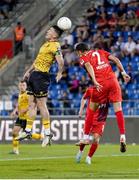 1 August 2024; Joe Redmond of St Patrick's Athletic in action against Jenthe Mertens of FC Vaduz during the UEFA Conference League second qualifying round second leg match between FC Vaduz and St Patrick's Athletic at Rheinpark Stadion in Vaduz, Liechtenstein. Photo by Vedran Galijas/Sportsfile