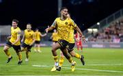 1 August 2024; Romal Palmer of St Patrick's Athletic celebrates after scoring his side's second goal during the UEFA Conference League second qualifying round second leg match between FC Vaduz and St Patrick's Athletic at Rheinpark Stadion in Vaduz, Liechtenstein. Photo by Vedran Galijas/Sportsfile