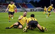1 August 2024; Romal Palmer of St Patrick's Athletic, 17, celebrates with team-mate Aaron Bolger, left, after scoring his side's second goal during the UEFA Conference League second qualifying round second leg match between FC Vaduz and St Patrick's Athletic at Rheinpark Stadion in Vaduz, Liechtenstein. Photo by Vedran Galijas/Sportsfile
