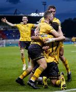 1 August 2024; Romal Palmer of St Patrick's Athletic, 17, celebrates with team-mates Aaron Bolger, left, and Mason Melia after scoring his side's second goal during the UEFA Conference League second qualifying round second leg match between FC Vaduz and St Patrick's Athletic at Rheinpark Stadion in Vaduz, Liechtenstein. Photo by Vedran Galijas/Sportsfile