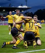 1 August 2024; Romal Palmer of St Patrick's Athletic, 17, celebrates with team-mates Aaron Bolger, left, and Mason Melia after scoring his side's second goal during the UEFA Conference League second qualifying round second leg match between FC Vaduz and St Patrick's Athletic at Rheinpark Stadion in Vaduz, Liechtenstein. Photo by Vedran Galijas/Sportsfile
