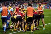 1 August 2024; St Patrick's Athletic players celebrate with Romal Palmer, obscured, after he scores their side's second goal during the UEFA Conference League second qualifying round second leg match between FC Vaduz and St Patrick's Athletic at Rheinpark Stadion in Vaduz, Liechtenstein. Photo by Vedran Galijas/Sportsfile