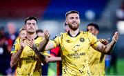 1 August 2024; Conor Keeley of St Patrick's Athletic acknowledges supporters after his side's draw in the UEFA Conference League second qualifying round second leg match between FC Vaduz and St Patrick's Athletic at Rheinpark Stadion in Vaduz, Liechtenstein. Photo by Vedran Galijas/Sportsfile