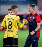 1 August 2024; St Patrick's Athletic manager Stephen Kenny and Chris Forrester after their side's draw in the UEFA Conference League second qualifying round second leg match between FC Vaduz and St Patrick's Athletic at Rheinpark Stadion in Vaduz, Liechtenstein. Photo by Vedran Galijas/Sportsfile