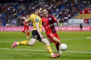 1 August 2024; Aidan Keena of St Patrick's Athletic in action against Nicolas Hasler of FC Vaduz during the UEFA Conference League second qualifying round second leg match between FC Vaduz and St Patrick's Athletic at Rheinpark Stadion in Vaduz, Liechtenstein. Photo by Vedran Galijas/Sportsfile