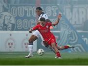 1 August 2024; Tyreke Wilson of Shelbourne is tackled by Juan José Perea of FC Zurich during the UEFA Conference League second qualifying round second leg match between Shelbourne and FC Zurich at Tolka Park in Dublin. Photo by Thomas Flinkow/Sportsfile