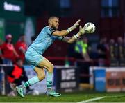 1 August 2024; Shelbourne goalkeeper Conor Kearns makes a save during the UEFA Conference League second qualifying round second leg match between Shelbourne and FC Zurich at Tolka Park in Dublin. Photo by Thomas Flinkow/Sportsfile