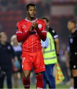 1 August 2024; Rayhaan Tulloch of Shelbourne applauds the supporters after the UEFA Conference League second qualifying round second leg match between Shelbourne and FC Zurich at Tolka Park in Dublin. Photo by Thomas Flinkow/Sportsfile