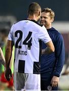 1 August 2024; Shelbourne manager Damien Duff shakes hands with Nikola Katic of Zurich after the UEFA Conference League second qualifying round second leg match between Shelbourne and FC Zurich at Tolka Park in Dublin. Photo by Harry Murphy/Sportsfile