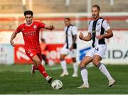 1 August 2024; Nikola Katic of FC Zurich feels pressure from Matty Smith of Shelbourne during the UEFA Conference League second qualifying round second leg match between Shelbourne and FC Zurich at Tolka Park in Dublin. Photo by Thomas Flinkow/Sportsfile