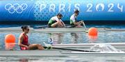 2 August 2024; Aifric Keogh, left, and Fiona Murtagh of Team Ireland after finishing second in the women's coxless pair finals B at Vaires-sur-Marne Nautical Stadium during the 2024 Paris Summer Olympic Games in Paris, France. Photo by Brendan Moran/Sportsfile