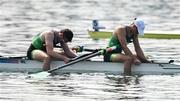 2 August 2024; Ross Corrigan, left, and Nathan Timoney of Team Ireland after finishing 6th in the Men's Pair A Final at Vaires-sur-Marne Nautical Stadium during the 2024 Paris Summer Olympic Games in Paris, France. Photo by Brendan Moran/Sportsfile
