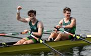2 August 2024; Paul O'Donovan, left, and Fintan McCarthy of Team Ireland celebrate winning the men's lightweight double sculls finals A at Vaires-sur-Marne Nautical Stadium during the 2024 Paris Summer Olympic Games in Paris, France. Photo by Brendan Moran/Sportsfile