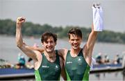 2 August 2024; Paul O'Donovan, left, and Fintan McCarthy of Team Ireland celebrate winning the men's lightweight double sculls finals A at Vaires-sur-Marne Nautical Stadium during the 2024 Paris Summer Olympic Games in Paris, France. Photo by David Fitzgerald/Sportsfile