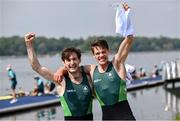 2 August 2024; Paul O'Donovan, left, and Fintan McCarthy of Team Ireland celebrate winning the men's lightweight double sculls finals A at Vaires-sur-Marne Nautical Stadium during the 2024 Paris Summer Olympic Games in Paris, France. Photo by David Fitzgerald/Sportsfile
